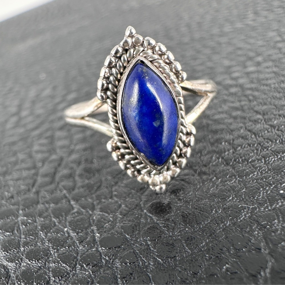 925 Sterling Lapis Lazuli Marquise Cabochon Ring 6.5 Vintage‎ Boho Southwestern